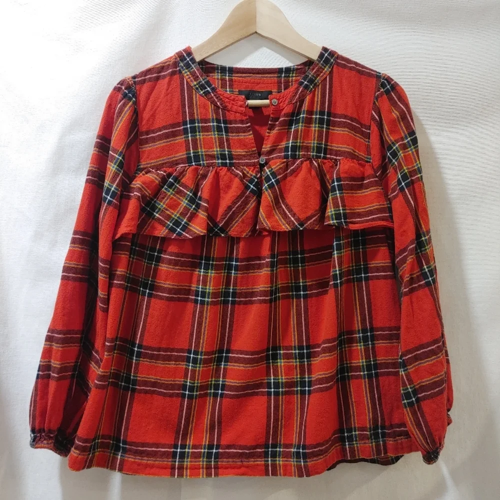 J. Crew Ruffle‎ Red Tartan Plaid Popover Cotton Flannel Shirt Small S H5198